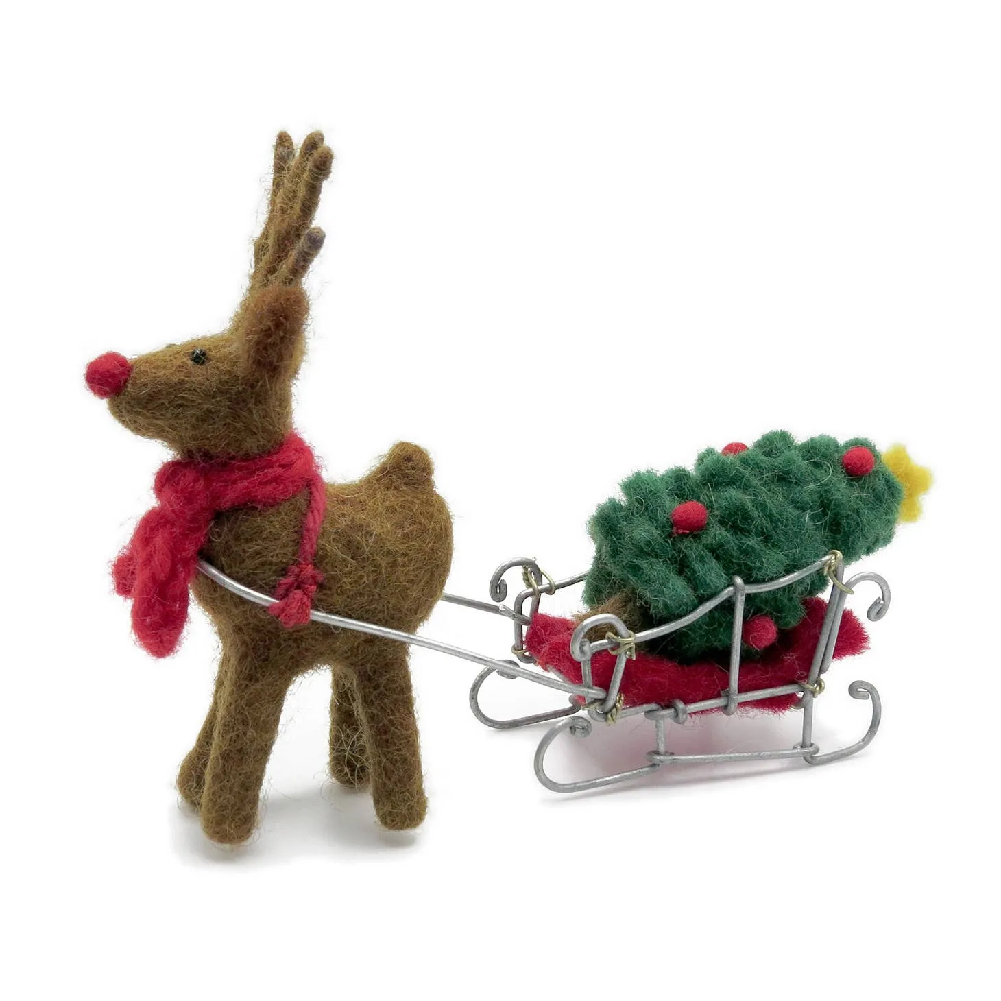 0oPrimitive-Folk-Art-Handmade-Felted-Wool-Christmas-Reindeer-w-Sleigh-and-Tree