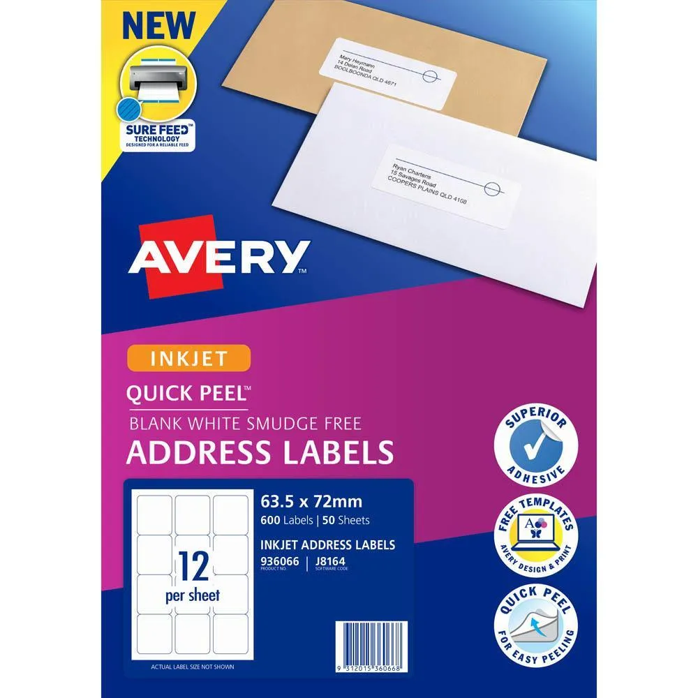 1eAvery-936066-J8164-Quick-Peel-Address-Label-With-Sure-Feed-Inkjet-12Up-White-Pack-50