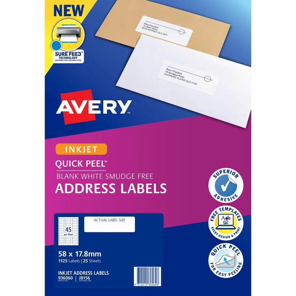 2jAvery-936060-J8156-Quick-Peel-Address-Label-With-Sure-Feed-Inkjet-45Up-White-Pack-25