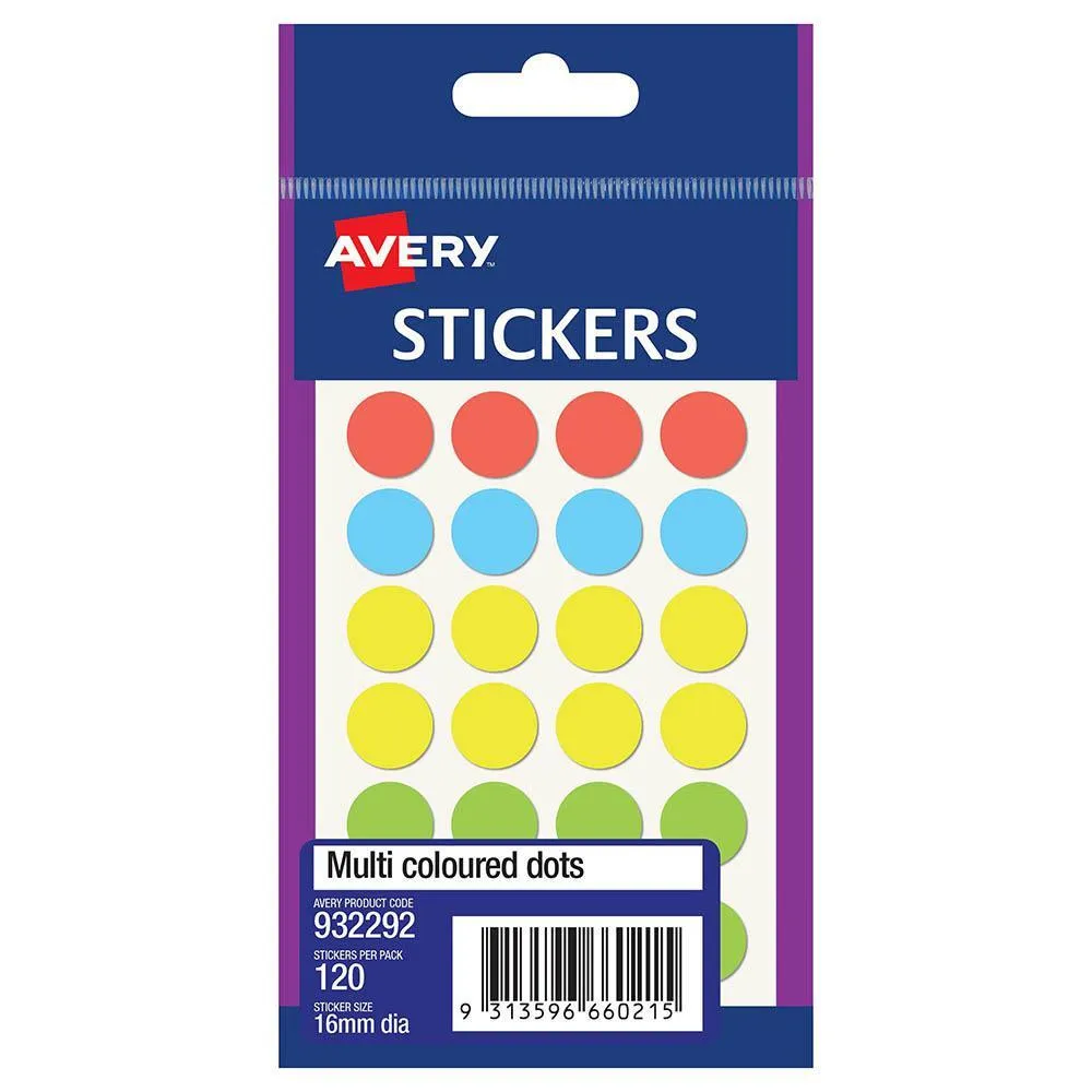 2nAvery-932292-Multi-Purpose-Stickers-Circle-16Mm-Multi-Coloured-Pack-140