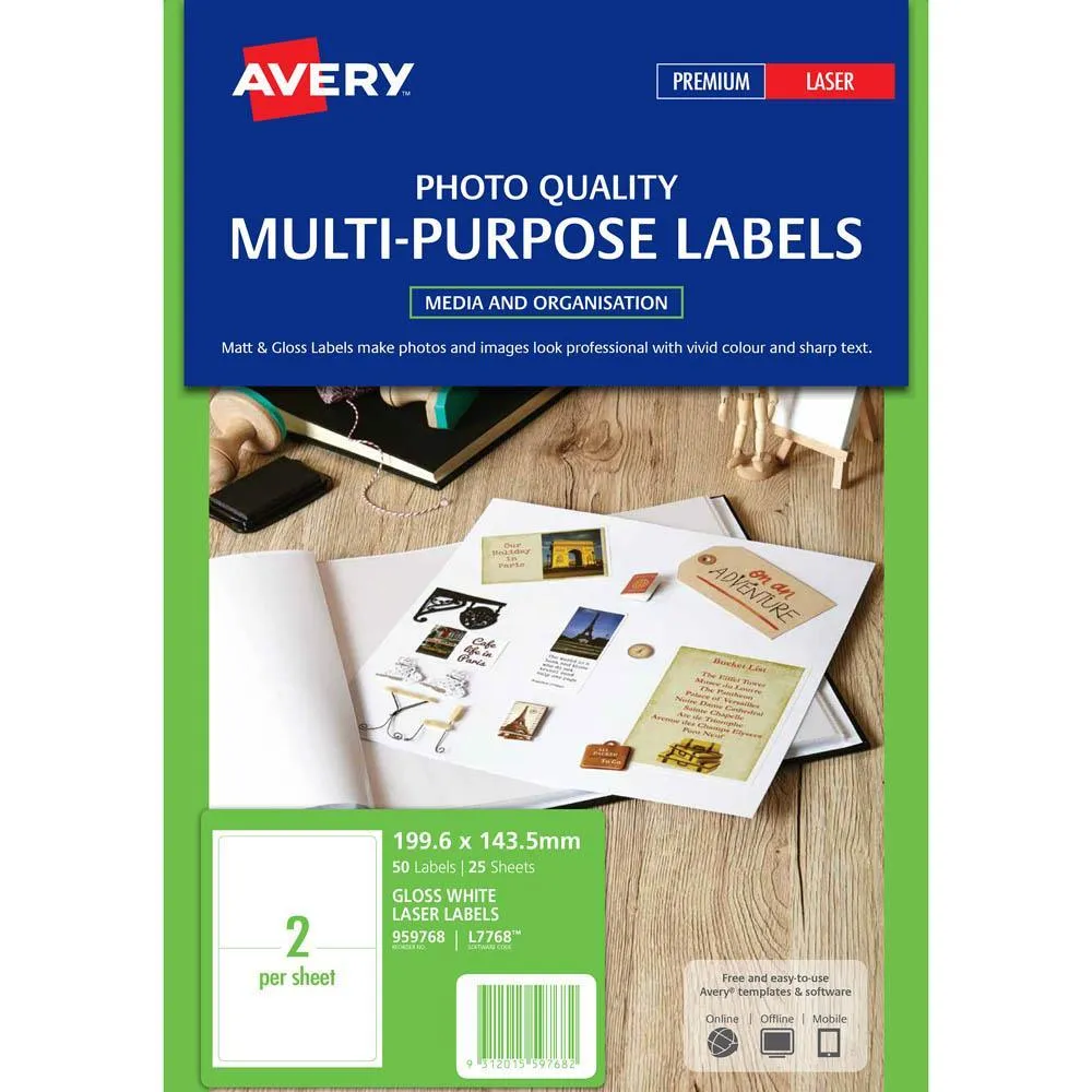 2oAvery-959768-L7768-Multi-Purpose-Photo-Quality-Label-Inkjet-2Up-Gloss-White-Pack-25