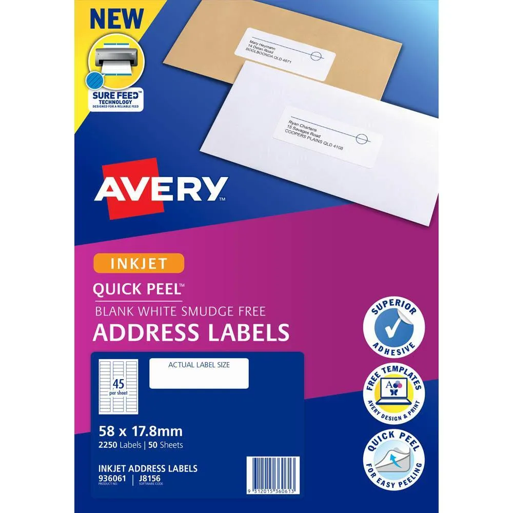 3cAvery-936061-J8156-Quick-Peel-Address-Label-With-Sure-Feed-Inkjet-45Up-White-Pack-50