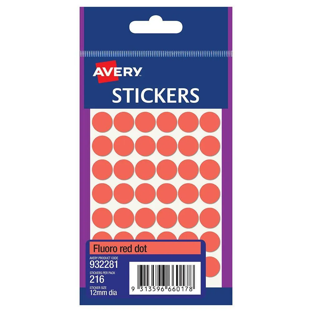 4wAvery-932281-Multi-Purpose-Stickers-Circle-12Mm-Fluro-Red-Pack-216