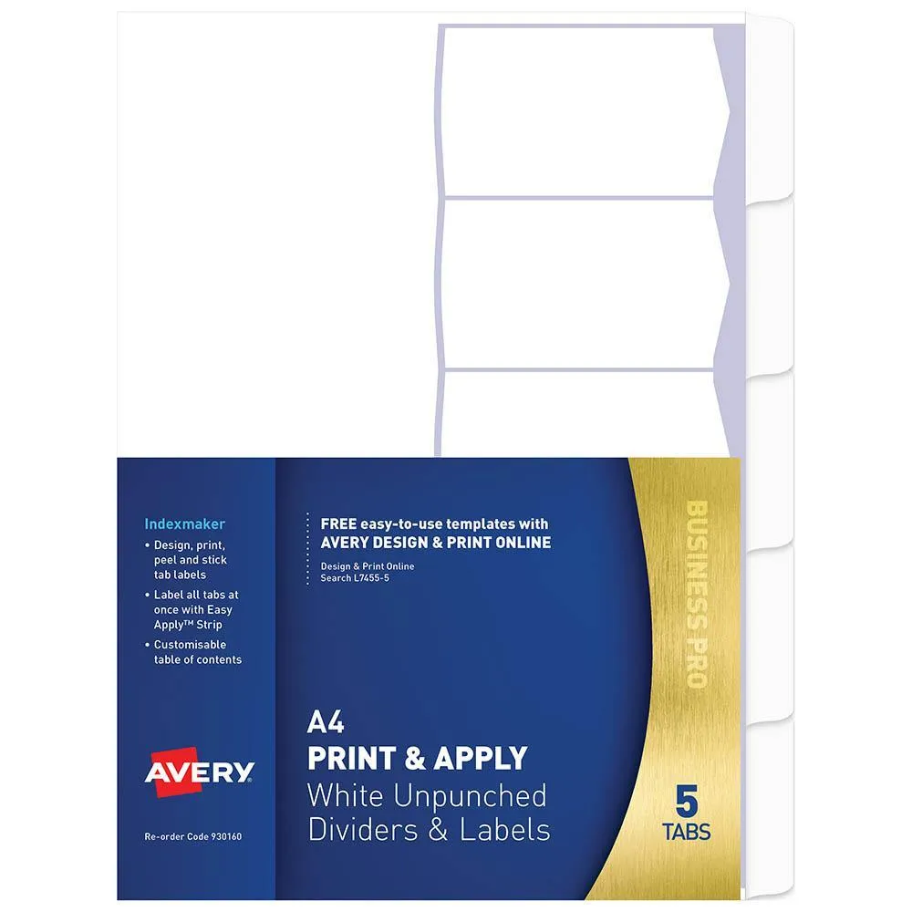 4zAvery-930160-L7455-5-Print-Apply-A4-With-Easy-Apply-Labels-5-Tab-Unpunched