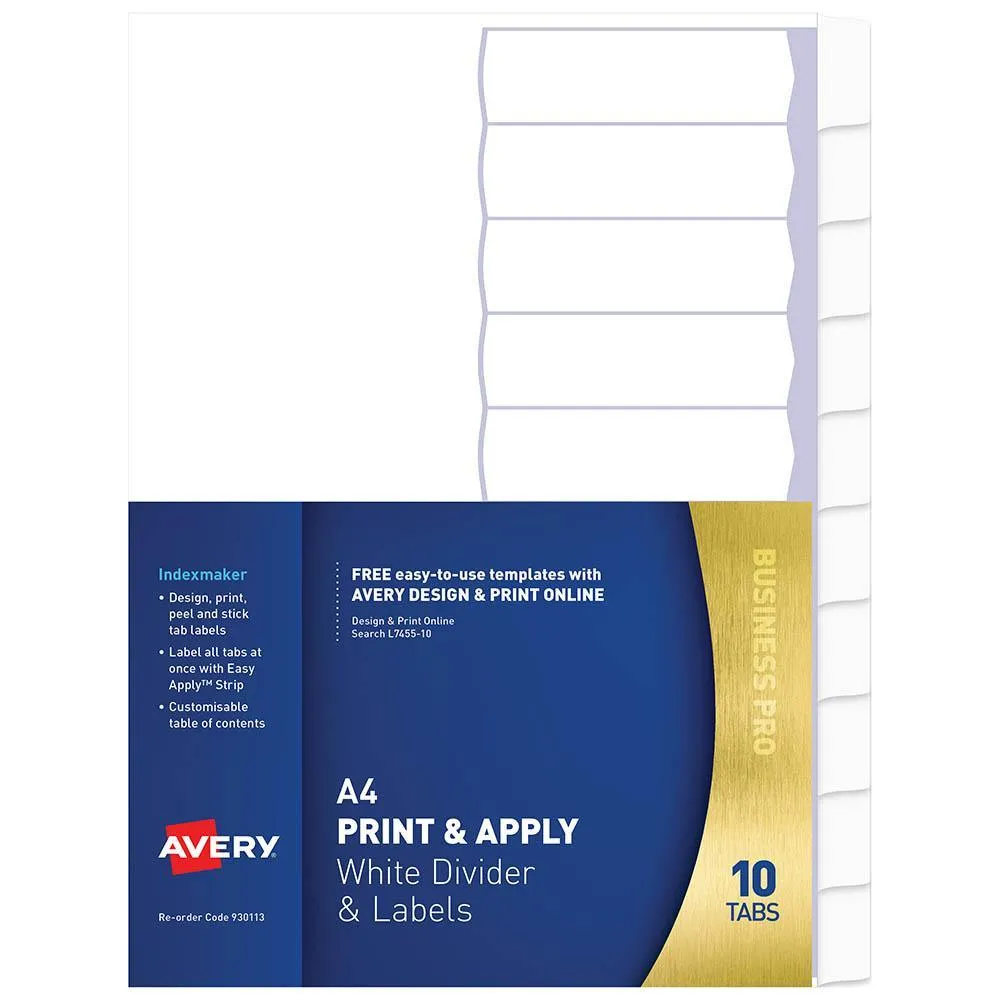 5kAvery-930113-L7455-10-Print-Apply-Divider-With-Easy-Apply-Labels-10-Tab-White
