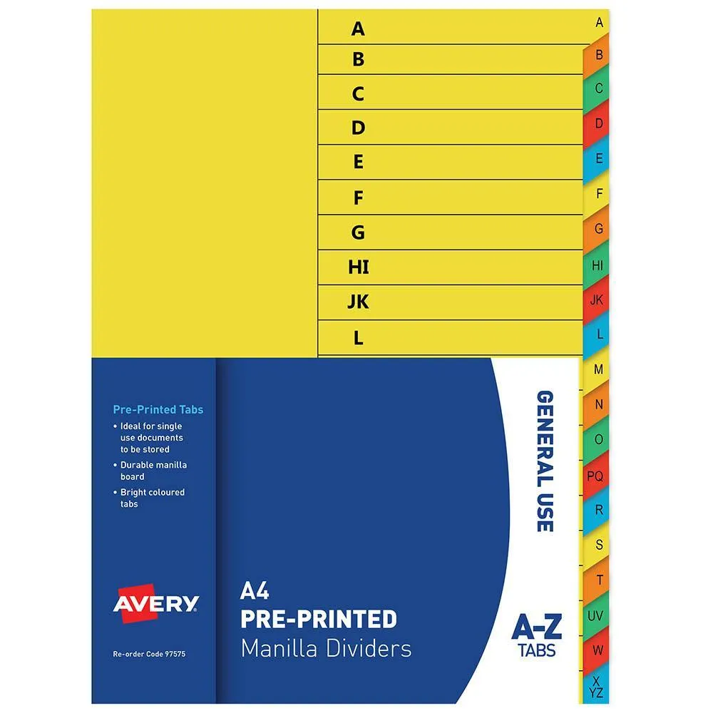 5zAvery-97575-Divider-Manilla-A-Z-Tabs-A4-Bright-Multi-Coloured