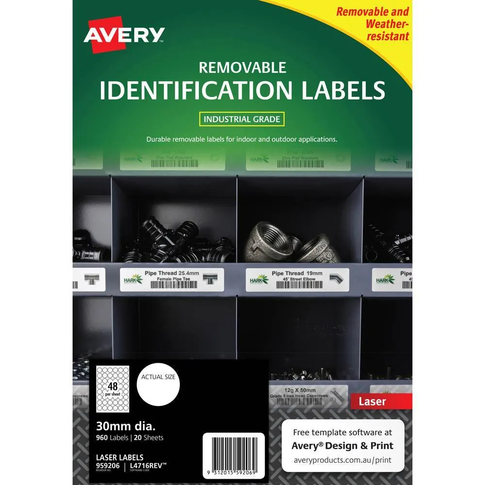 6kAvery-959206-Removable-Heavy-Duty-Labels-30Mm-White-Pack-20