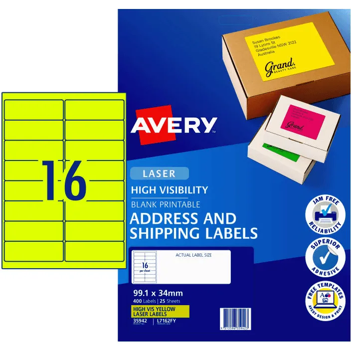 7yAvery-35942-L7162Fy-Laser-Label-16Up-Fluorescent-Yellow-Pack-25