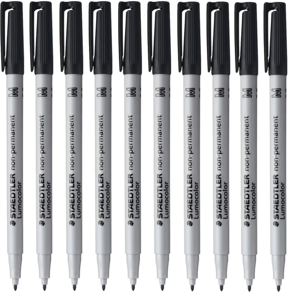 7yStaedtler-315-Lumocolour-Non-Permanent-Marker-Pen-Medium-Black-Box-10