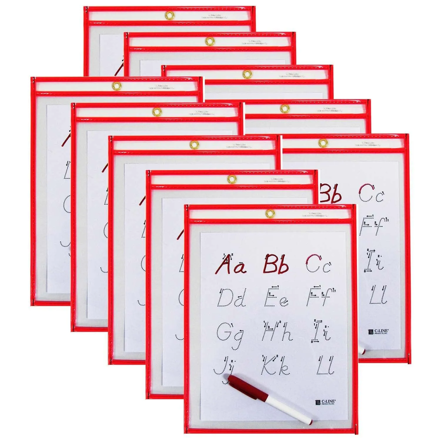 6bReusable-Dry-Erase-Pocket-Study-Aid-Neon-Red-9-x-12-Pack-of-10